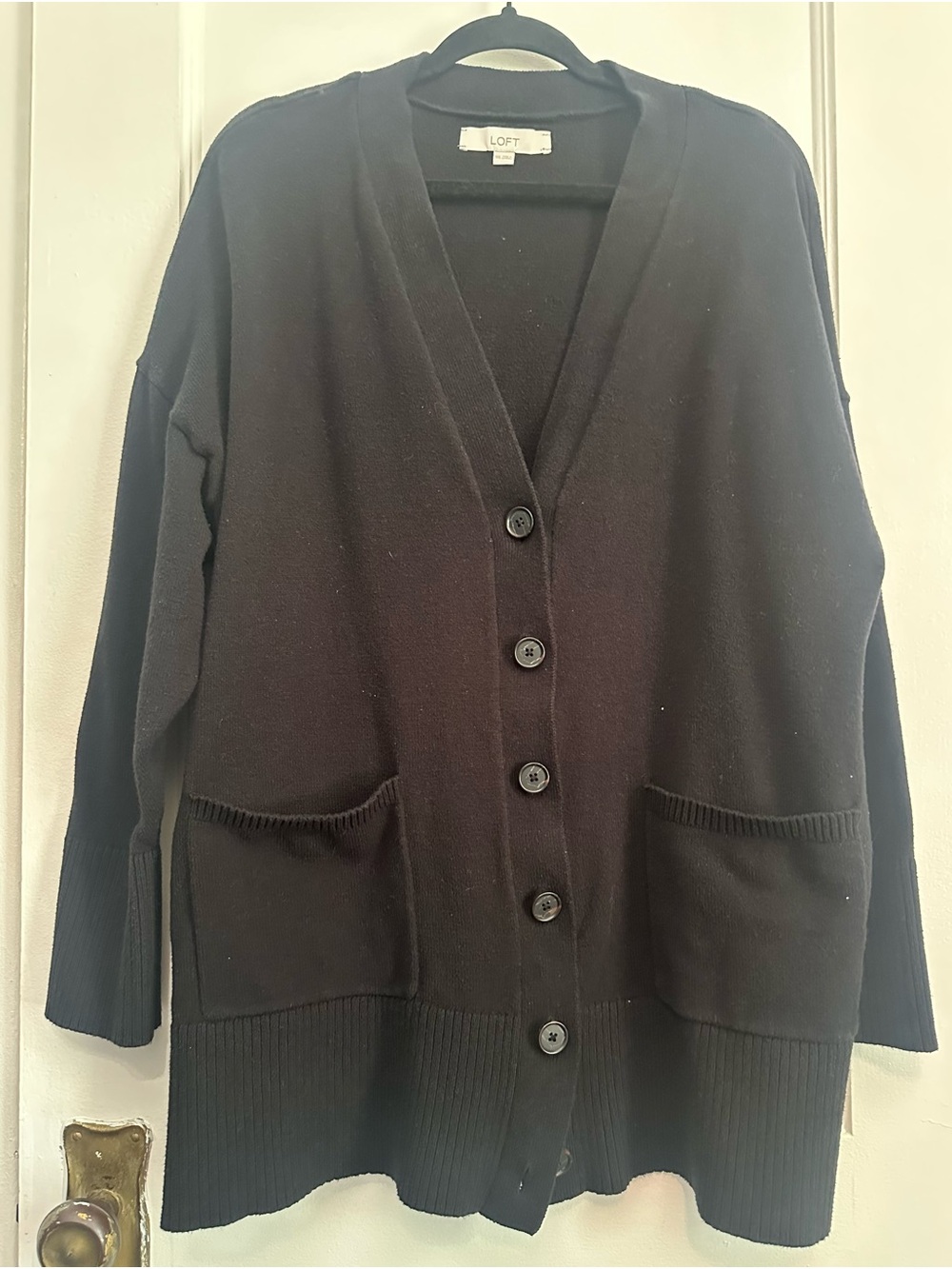LOFT Black V-Neck Button-Front Pocket Cardigan